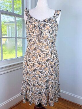 Floral Tea Length Sleeveless Dress Ann Taylor LOFT Petite Ruffles Boho Career